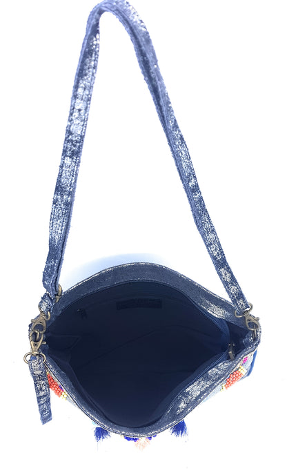 Cherokee Iridescent Leather Clutch Bag with Embroidery and Beads ~ Silver Blue