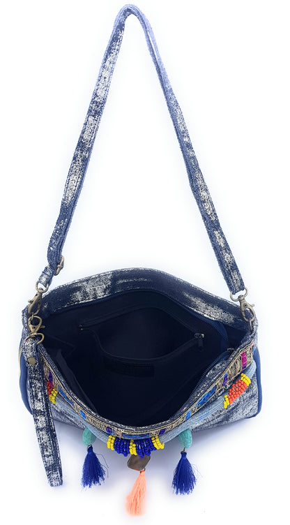 Cherokee Iridescent Leather Clutch Bag with Embroidery and Beads ~ Silver Blue