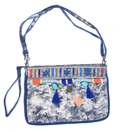Cherokee Iridescent Leather Clutch Bag with Embroidery and Beads ~ Silver Blue