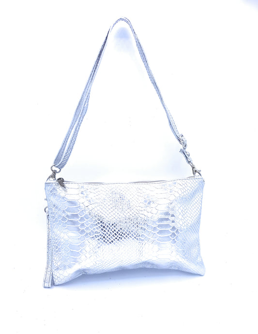 Snake Iridescent Leather Clutch Bag ~ Silver