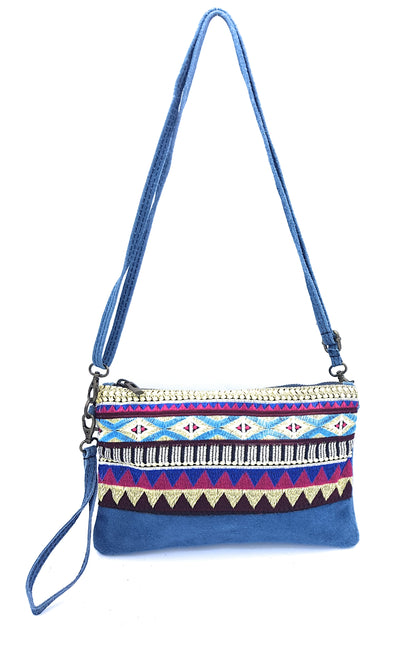 Namata suede leather clutch bag with embroidery ~ Denim blue