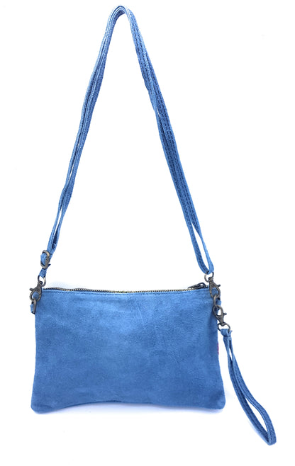 Namata suede leather clutch bag with embroidery ~ Denim blue