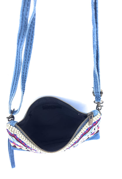 Namata suede leather clutch bag with embroidery ~ Denim blue