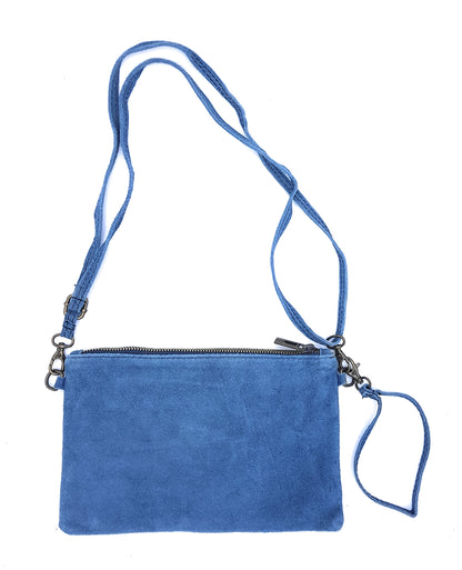 Namata suede leather clutch bag with embroidery ~ Denim blue