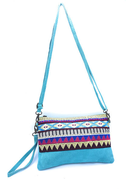 Namata Suede Leather Clutch Bag with Embroidery ~ Turquoise