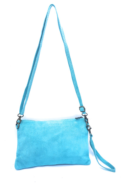 Namata Suede Leather Clutch Bag with Embroidery ~ Turquoise