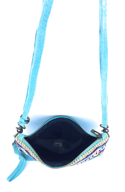Namata Suede Leather Clutch Bag with Embroidery ~ Turquoise