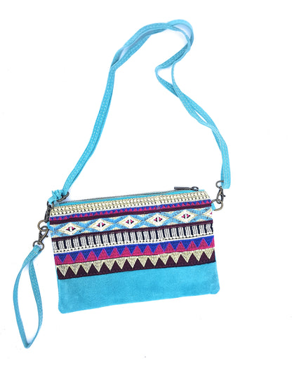 Namata Suede Leather Clutch Bag with Embroidery ~ Turquoise