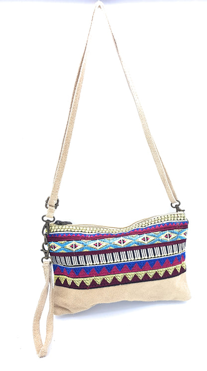 Namata Suede Leather Clutch Bag with Embroidery ~ Beige