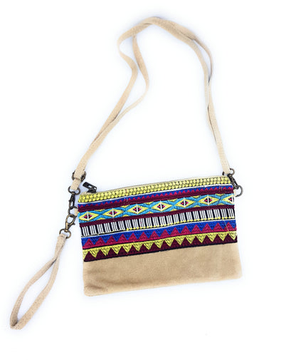 Namata Suede Leather Clutch Bag with Embroidery ~ Beige