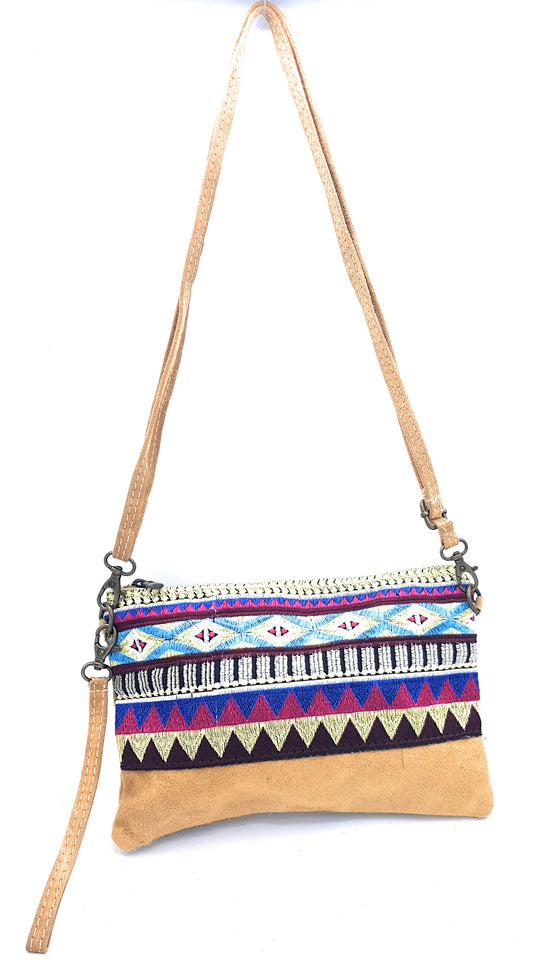 Namata Suede Leather Clutch Bag with Embroidery ~ Camel