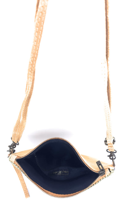 Namata Suede Leather Clutch Bag with Embroidery ~ Camel