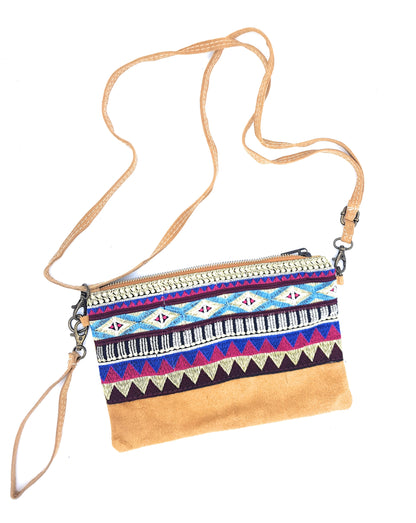 Namata Suede Leather Clutch Bag with Embroidery ~ Camel