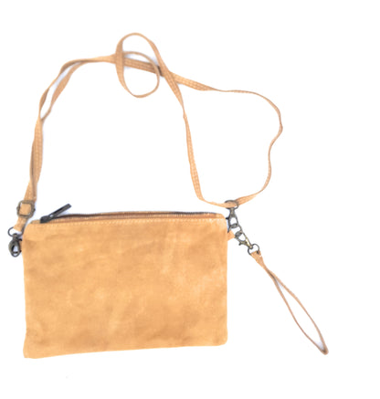 Namata Suede Leather Clutch Bag with Embroidery ~ Camel