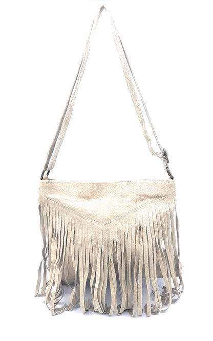 Chenoa Fringed Suede Leather Shoulder Bag ~ Beige