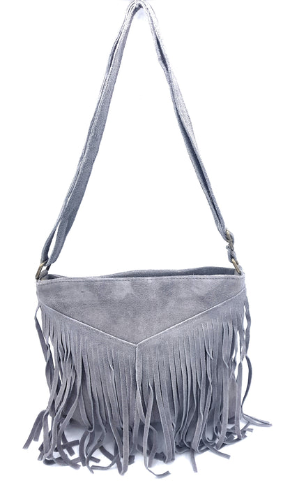 Chenoa Fringed Suede Leather Shoulder Bag ~ Grey