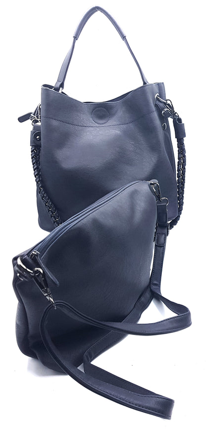 Oneida 2-in-1 Faux Leather Bucket Bag ~ Navy Blue