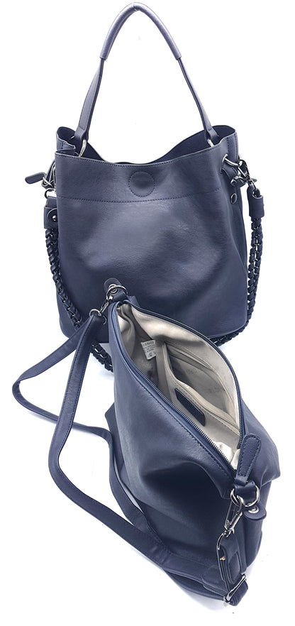 Oneida 2-in-1 Faux Leather Bucket Bag ~ Navy Blue