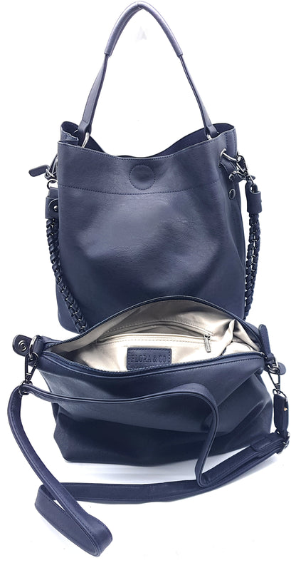 Oneida 2-in-1 Faux Leather Bucket Bag ~ Navy Blue