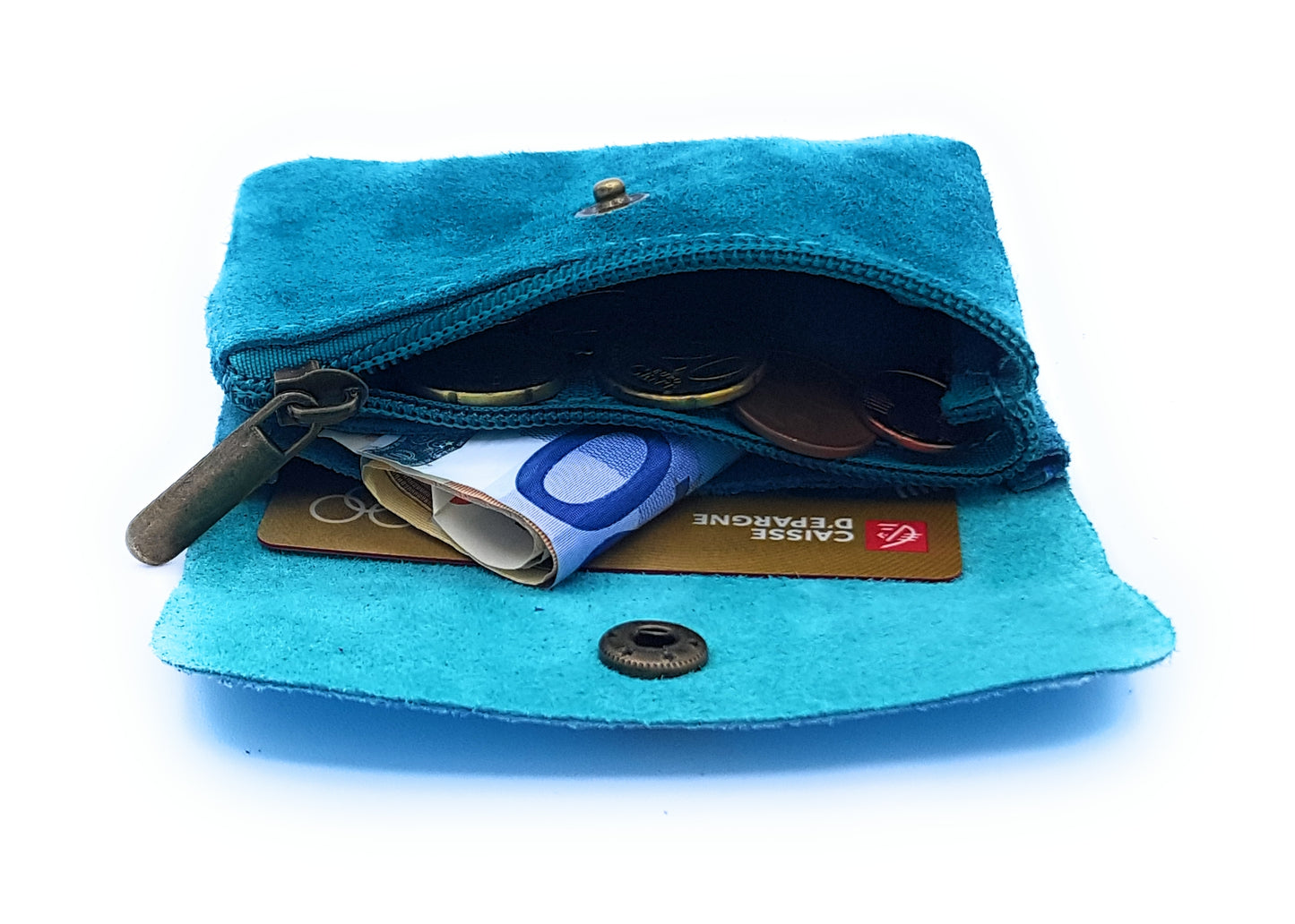 Aponi suede leather / iridescent coin purse ~ Turquoise
