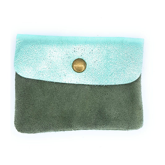 Aponi suede leather / iridescent coin purse ~ Almond green