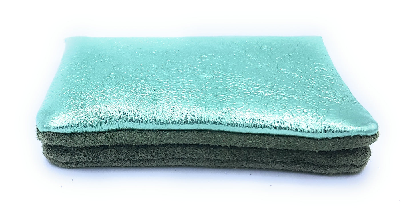 Aponi suede leather / iridescent coin purse ~ Almond green