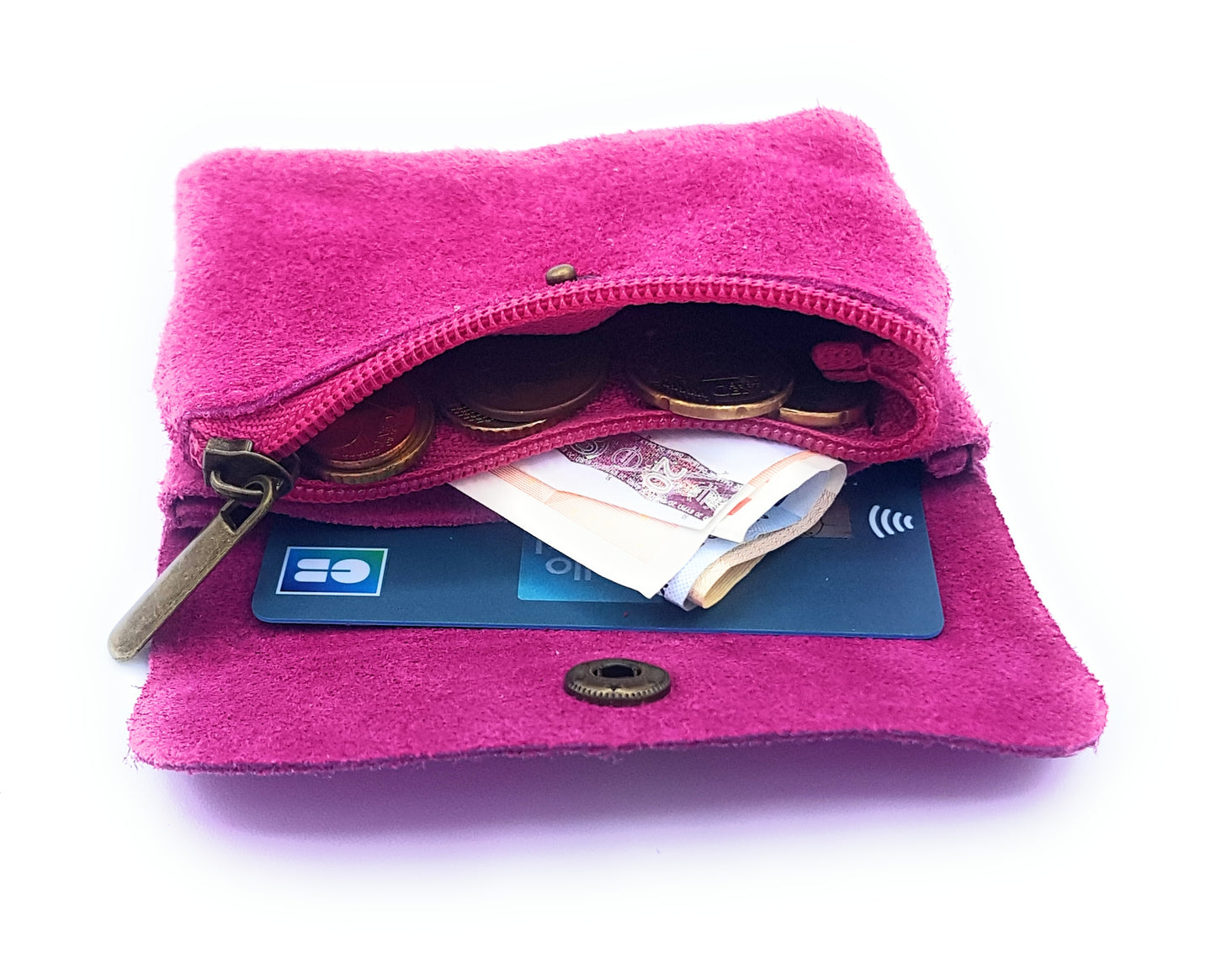Aponi suede leather / iridescent coin purse ~ Fuchsia