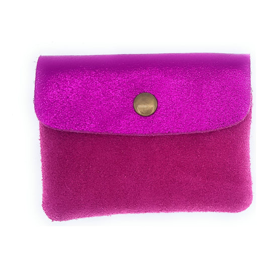Aponi suede leather / iridescent coin purse ~ Fuchsia