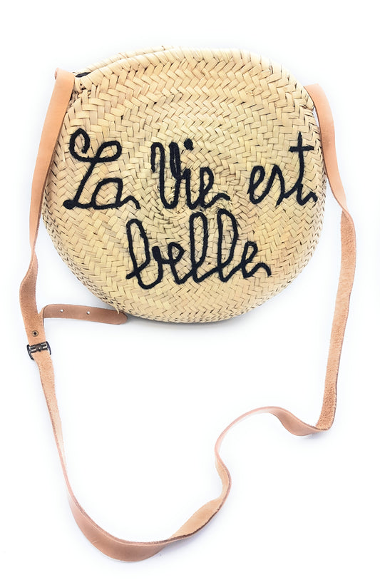 Ama "Life is Beautiful" Palm Leaf Beach Bag with Leather Shoulder Strap ~ Black