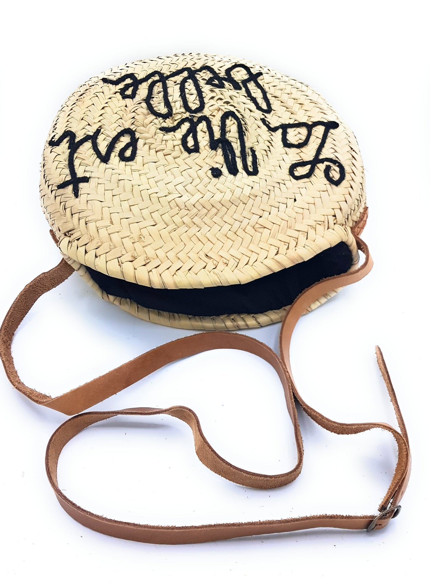 Ama "Life is Beautiful" Palm Leaf Beach Bag with Leather Shoulder Strap ~ Black