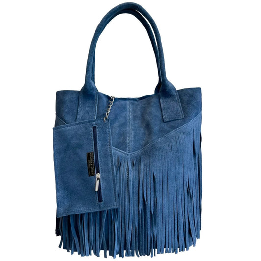 Naya Suede Leather Shopper Bag ~ Denim Blue 