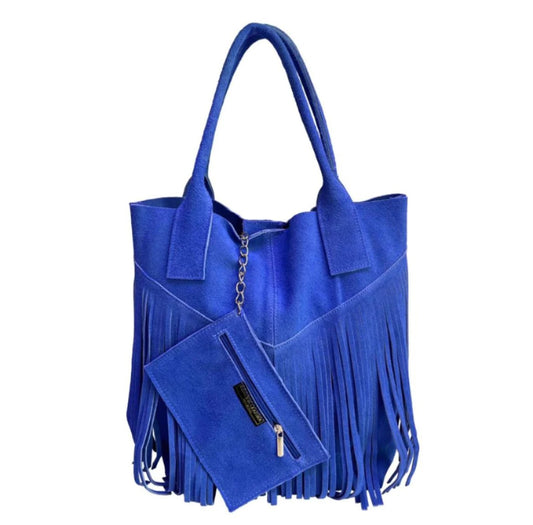 Naya Fringed Suede Leather Shopper Bag ~ Royal Blue 
