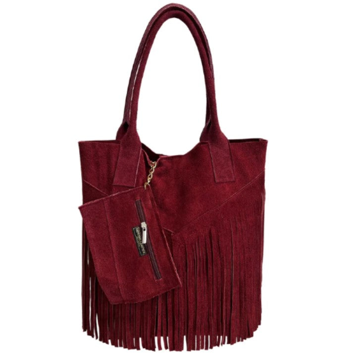 Naya Fringed Suede Leather Shopper Bag ~ Bordeaux 