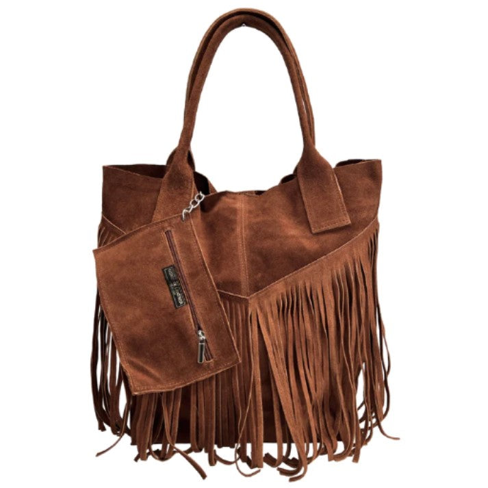 Naya Fringed Suede Leather Shopper Bag ~ Brown 