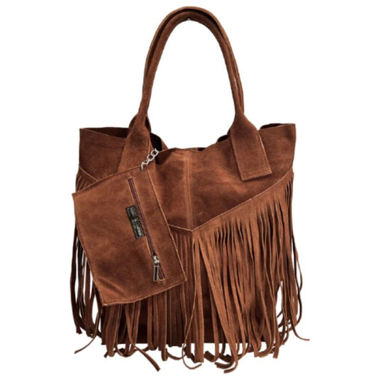 Naya Fringed Suede Leather Shopper Bag ~ Brown 