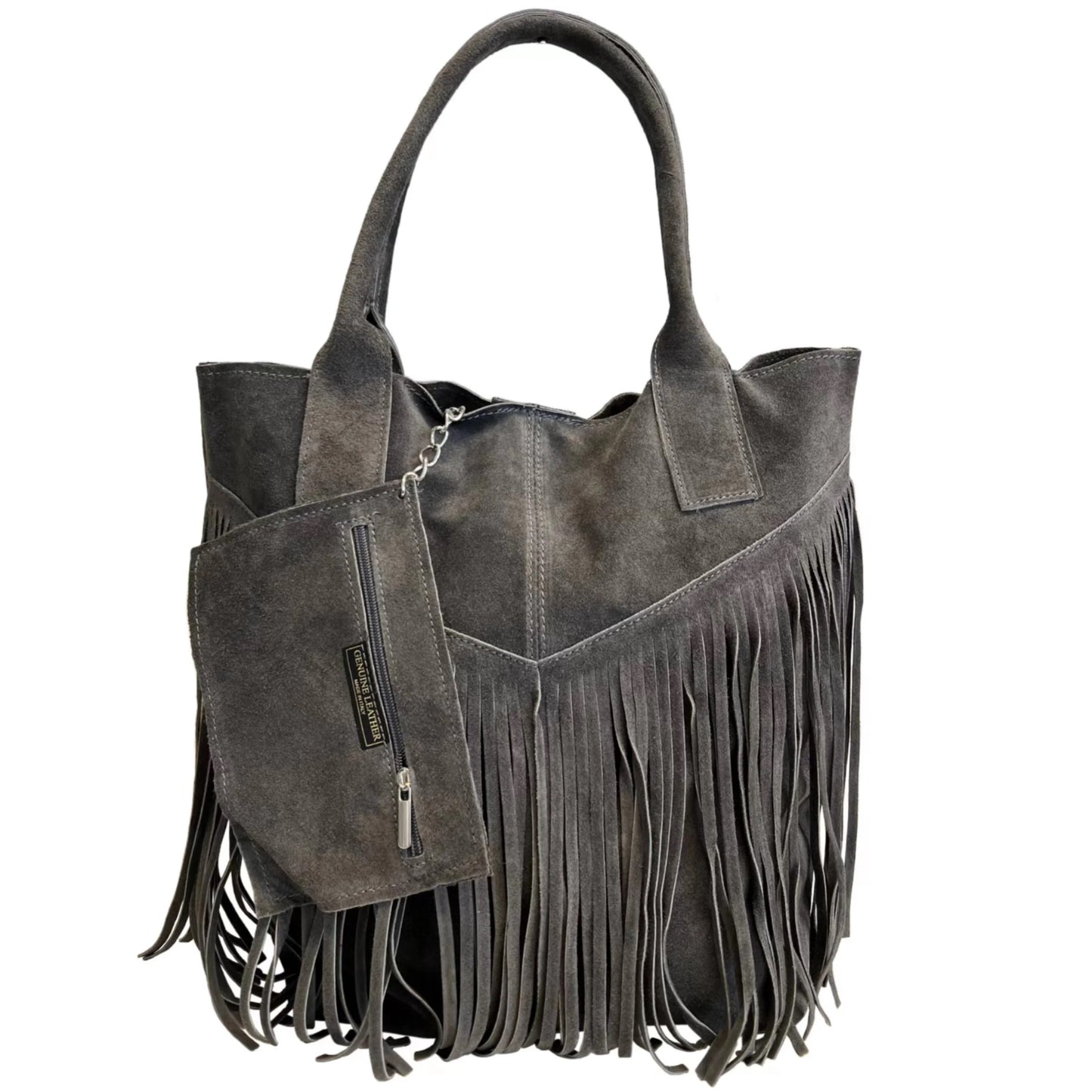 Naya Fringed Suede Leather Shopper Bag ~ Dark Grey 