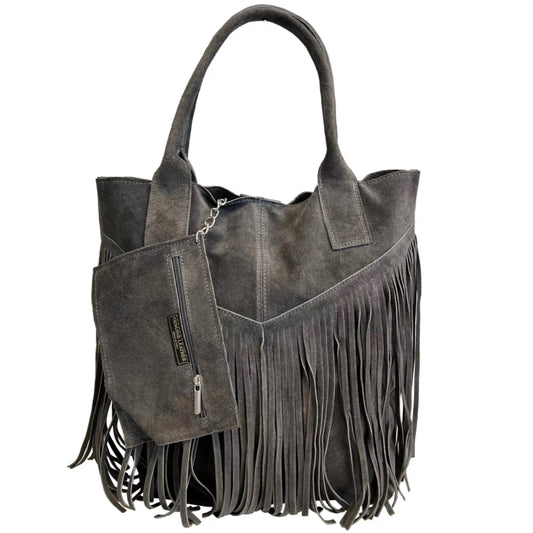 Naya Fringed Suede Leather Shopper Bag ~ Dark Grey 