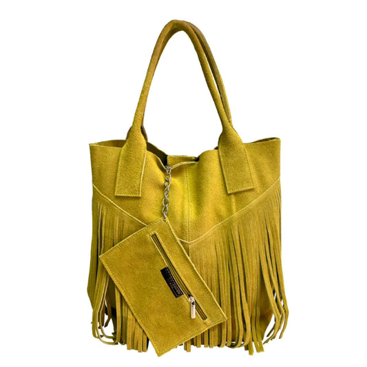 Naya Fringed Suede Leather Shopper Bag ~ Yellow 