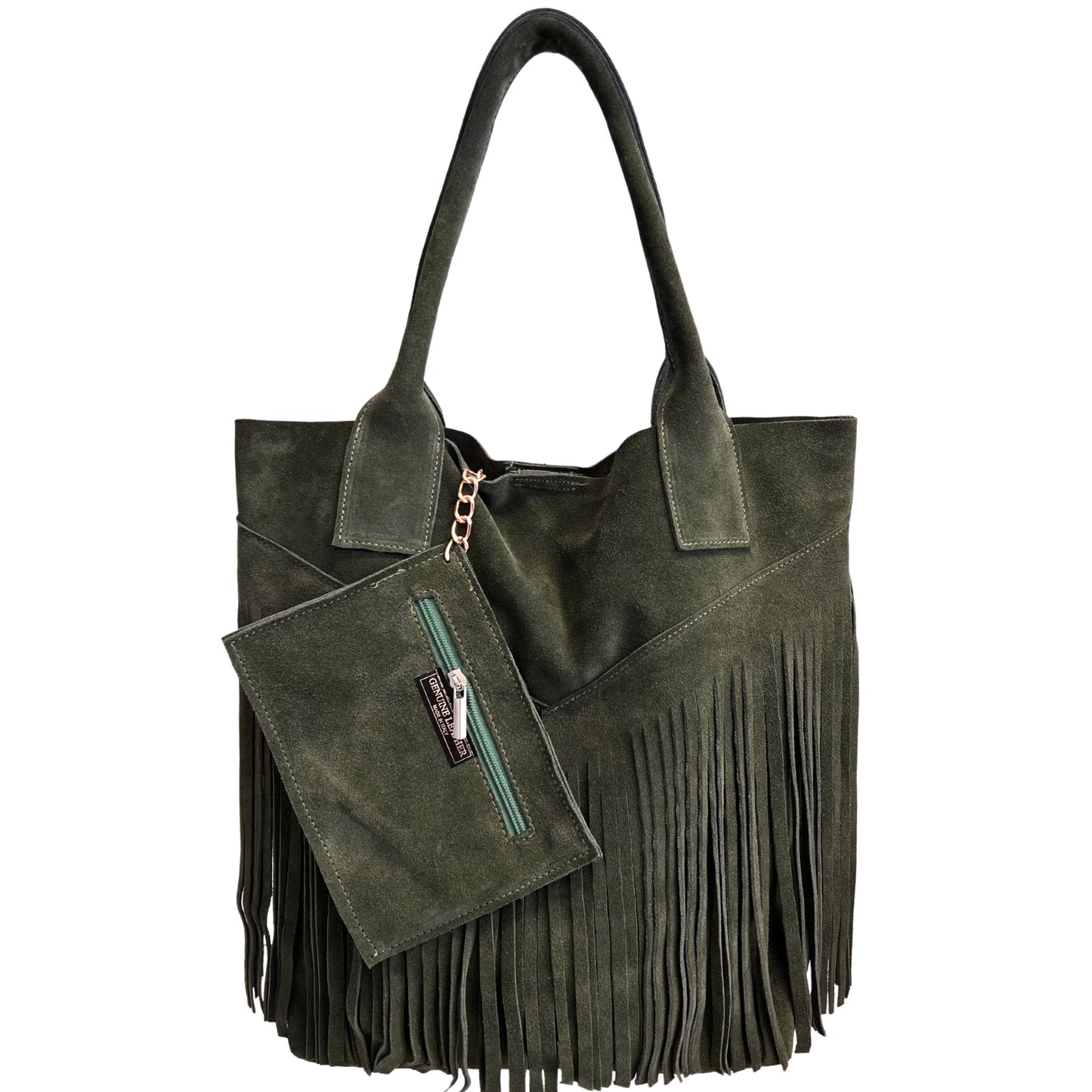 Naya Fringed Suede Leather Shopper Bag ~ Khaki 