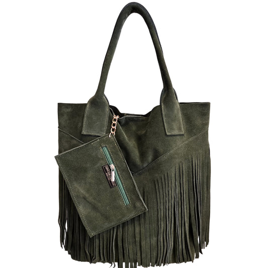 Naya Fringed Suede Leather Shopper Bag ~ Khaki 