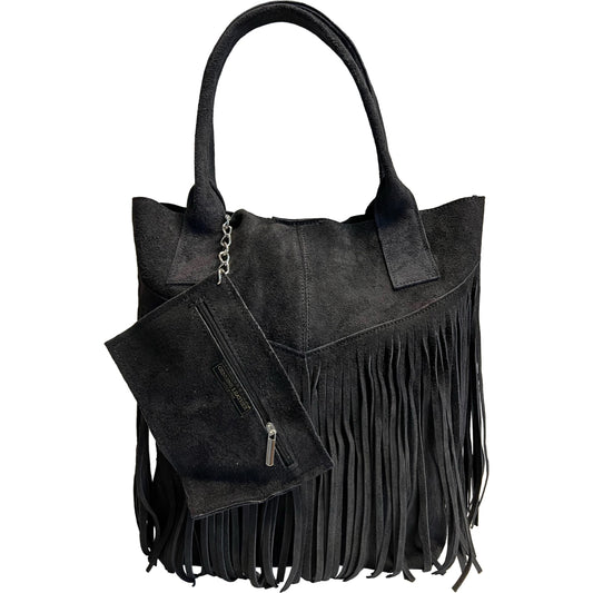 Naya Fringed Suede Leather Shopper Bag ~ Black 