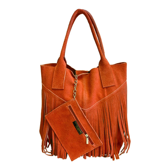 Naya Fringed Suede Shopper Bag ~ Orange 