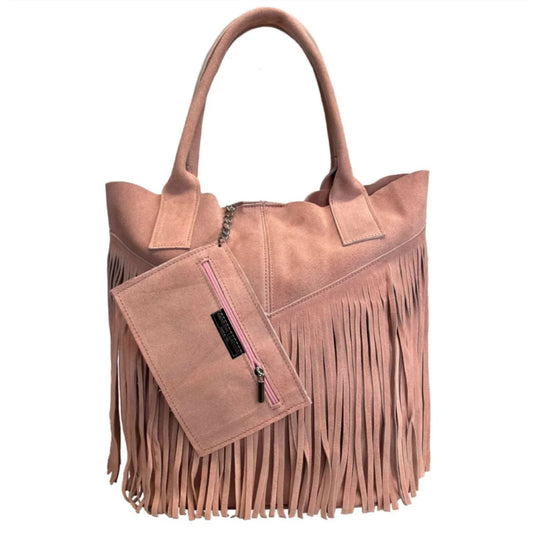 Naya Fringed Suede Shopper Bag ~ Pale Pink 