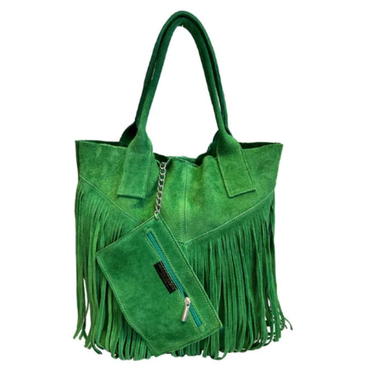 Naya Fringed Suede Shopper Bag ~ Emerald Green 