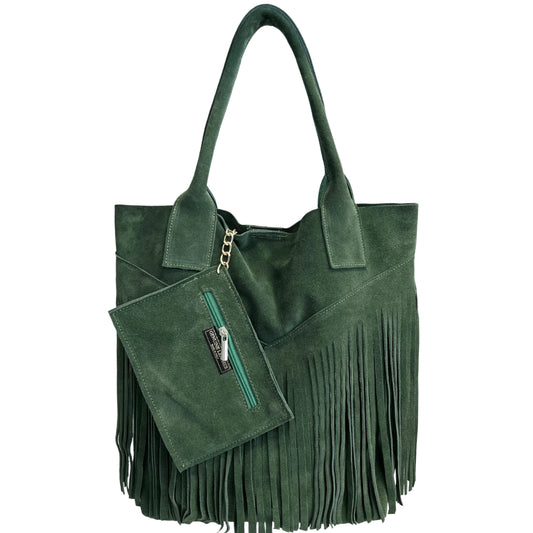 Naya Fringed Suede Shopper Bag ~ Fir Green 
