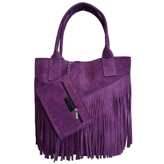 Naya Fringed Suede Leather Shopper Bag ~ Purple 