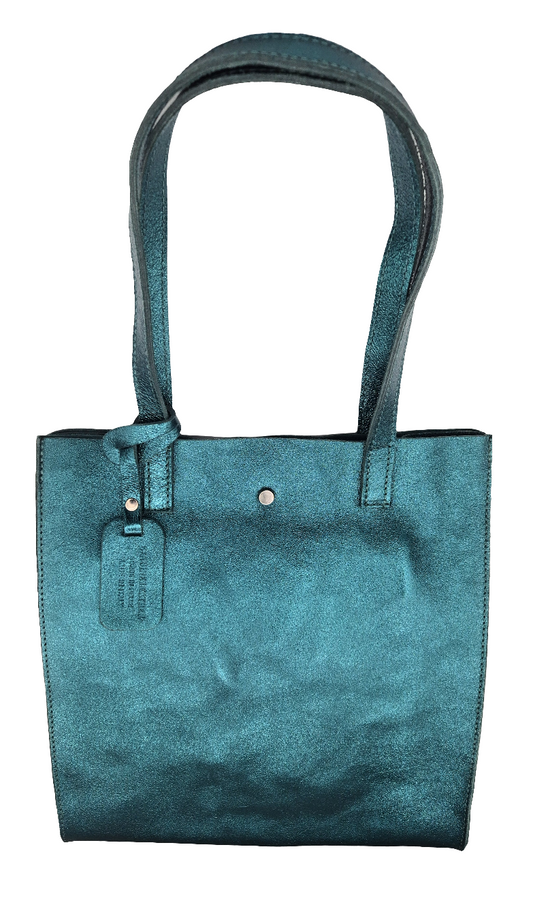 Dena shopper bag in iridescent leather ~ Petrol green