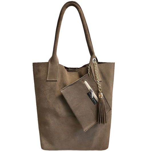 Aiyana Suede Leather Shopper Bag ~ Taupe