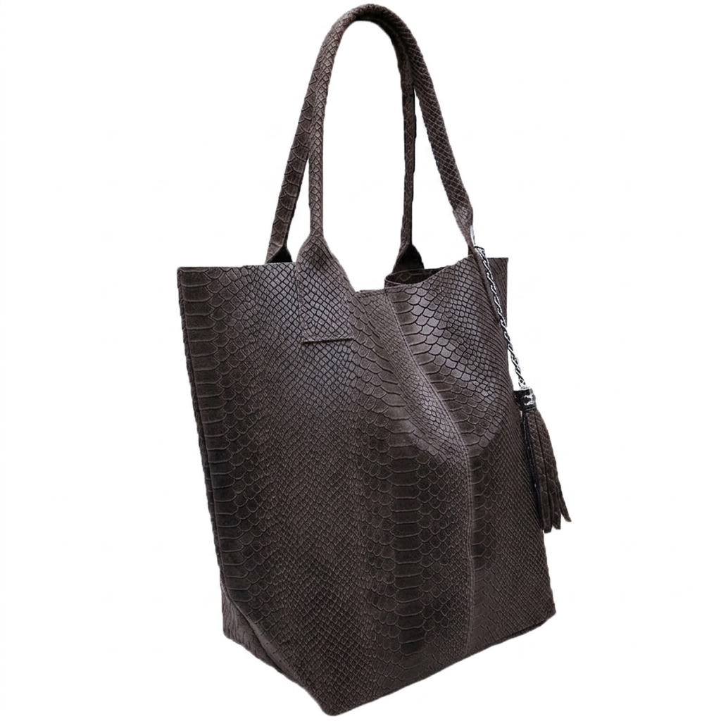Sac shopper Aiyana en cuir embossé python ~ Marron café