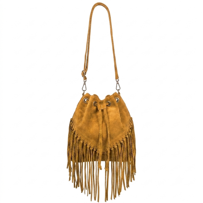 Sac bourse à franges Mahala en cuir suédé ~ Camel